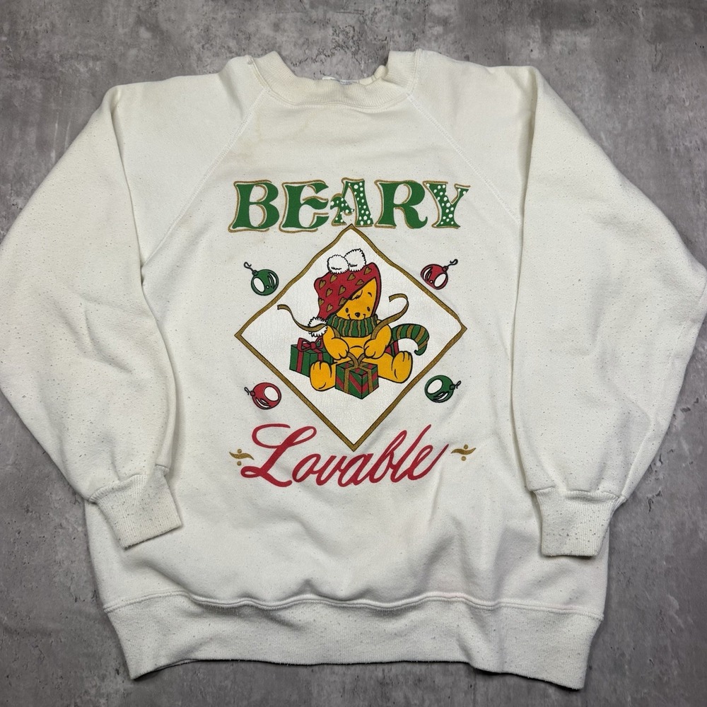 Vintage Hanes Christmas Beary Lovable White Crewneck Sweater 90s Made in USA S